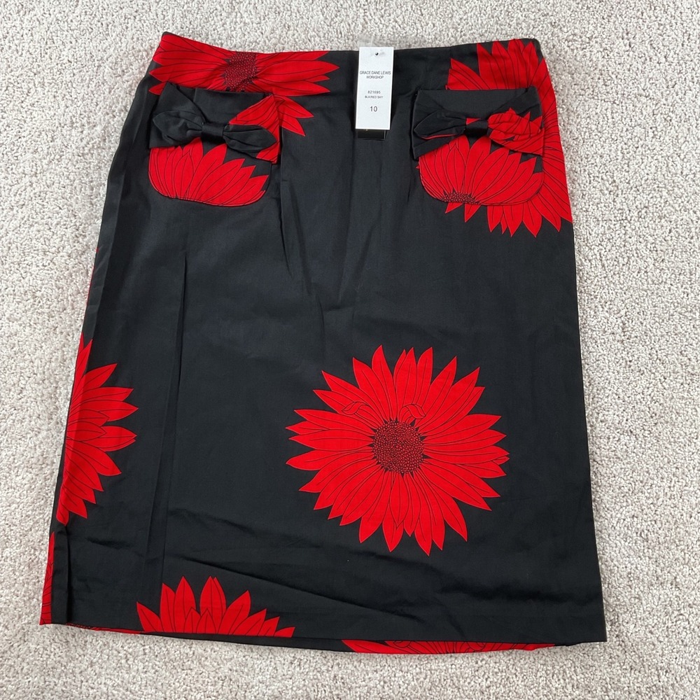 Grace Dane Lewis Workshop Black Red Sunflower Bow Pocket Skirt 10 NWT